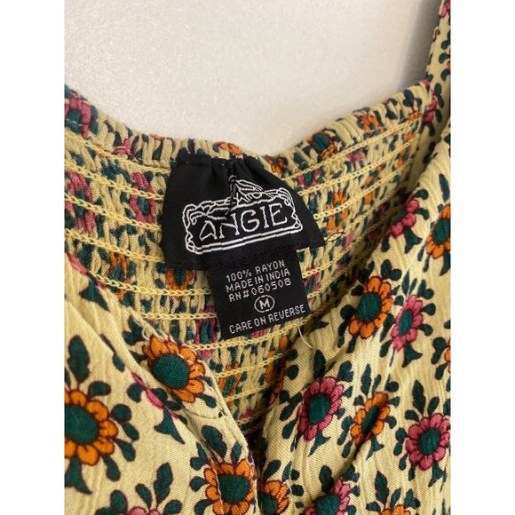 Boho Floral Smocked Midi Dress By Angie Rayon Size M Puff Sleeves Multicolor - Picture 2 of 6